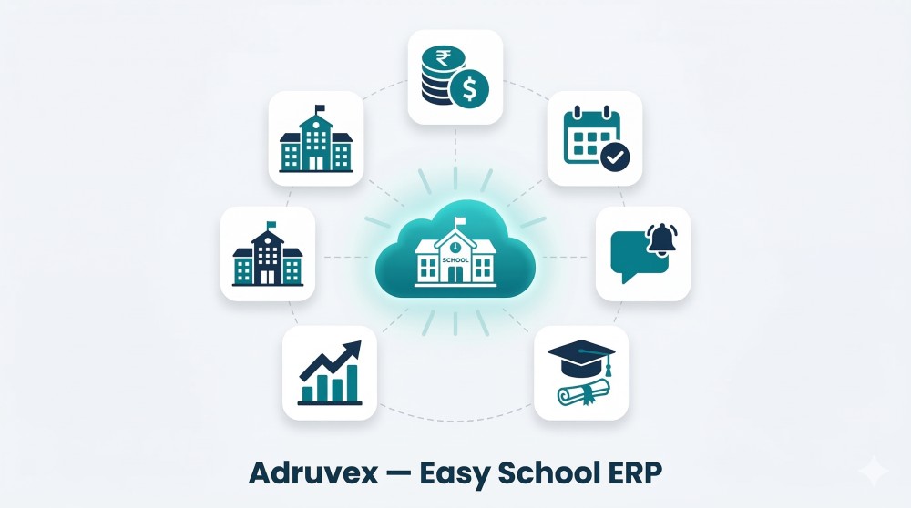 Infographic illustrating Adruvex School ERP software capabilities. At the center, a glowing cloud icon contains a school building, representing cloud-based infrastructure. Six surrounding icons highlight core modules a coin stack for fee collection and finance automation; a calendar with checkmark for attendance tracking; a speech bubble with bell for parent-school communication; a graduation cap for exam management; an upward bar chart for data analytics and insights; and a multi-building icon for multi-campus management. At the bottom, bold teal text reads Adruvex — Easy School ERP. Color palette teal, deep navy, and white. Developed by i36design LLC.